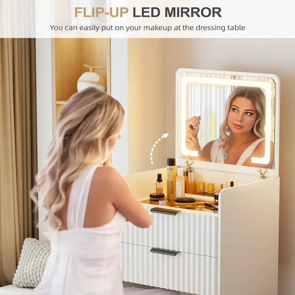 مكتب زينة صغير 3 في 1 مع مرآة علوية قابلة للطي، مجموعة زينة للمكياج مع سطح مكتب زجاجي مرئي، زينة مدمجة مع 3 أدراج،