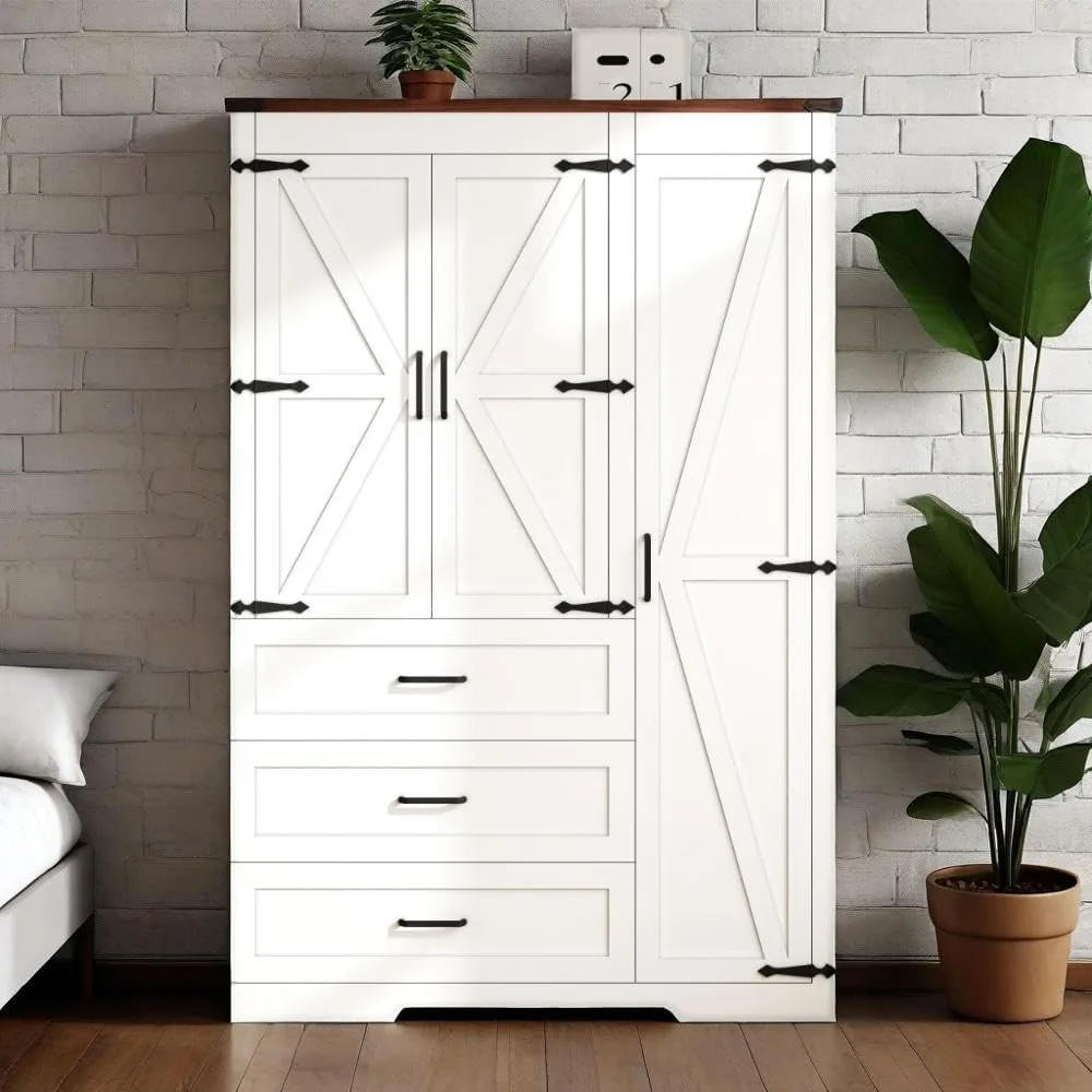 

70" Tall Wardrobe Closet with 3 Doors & 3 Drawers, Farmhouse Armoire with Hanging Rod, Wooden Armoire Wardrobe Closet for Bedroo