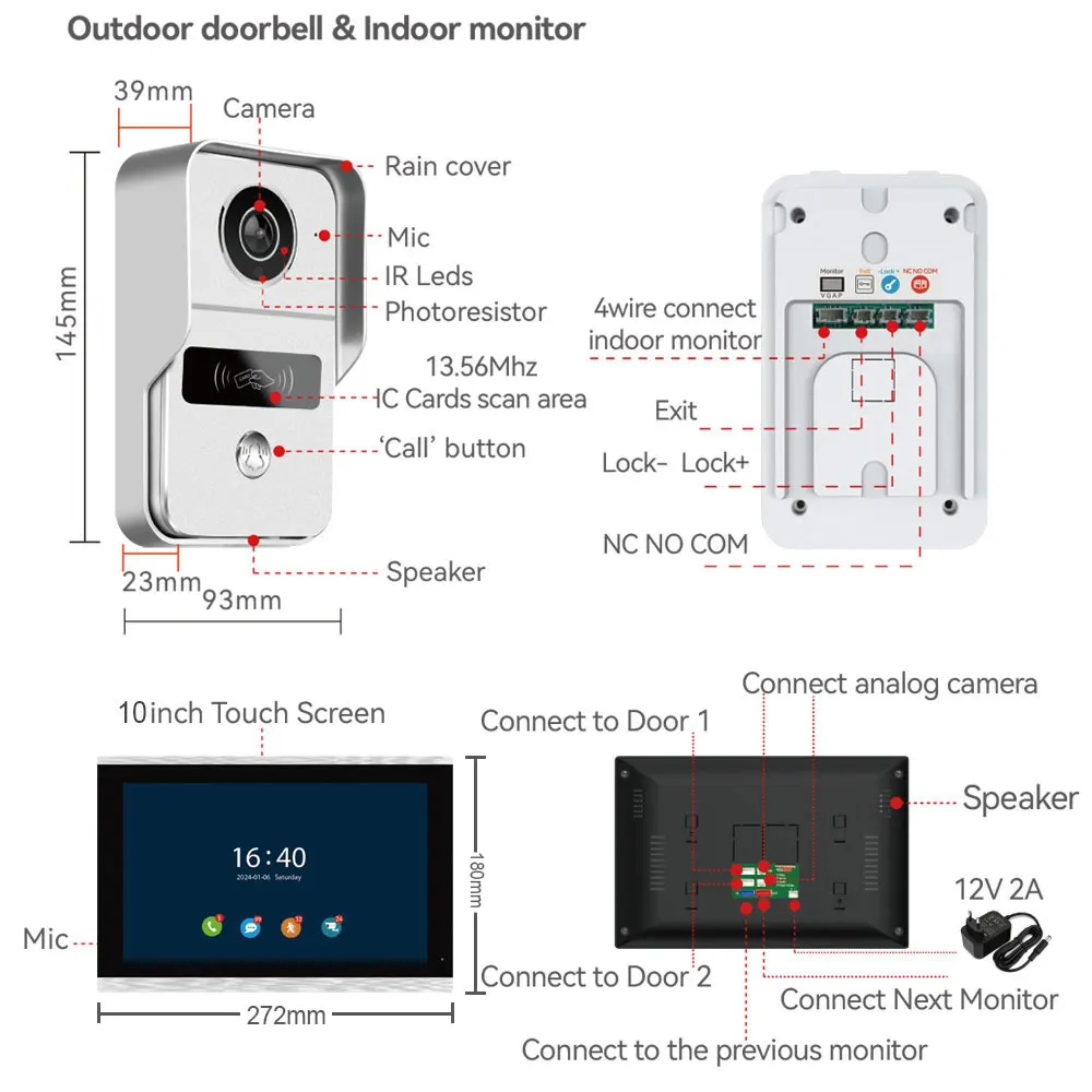 New 10 Inch Tuya 1080P Color Touch Screen Wireless Wifi Video Doorbell Smart APP Home Intercom for RFID Access Control System