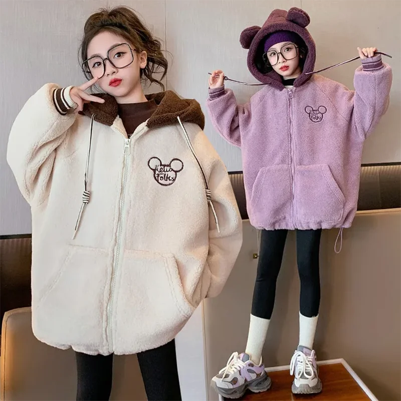 5-14 Years Gils Coat Winter Teen Kids Casual Polar Fleece Jacket Fashion Thicken Warm Clothes Children Bear Ear Hooded Outerwear