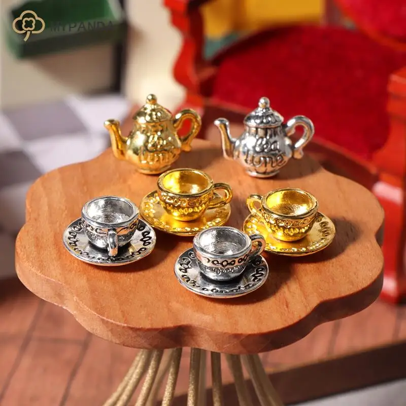 1set 1:12 Dollhouse Miniature Teapot Cup Saucer Metal Tea Set Dining Table Model Decor Toy Doll House Accessories