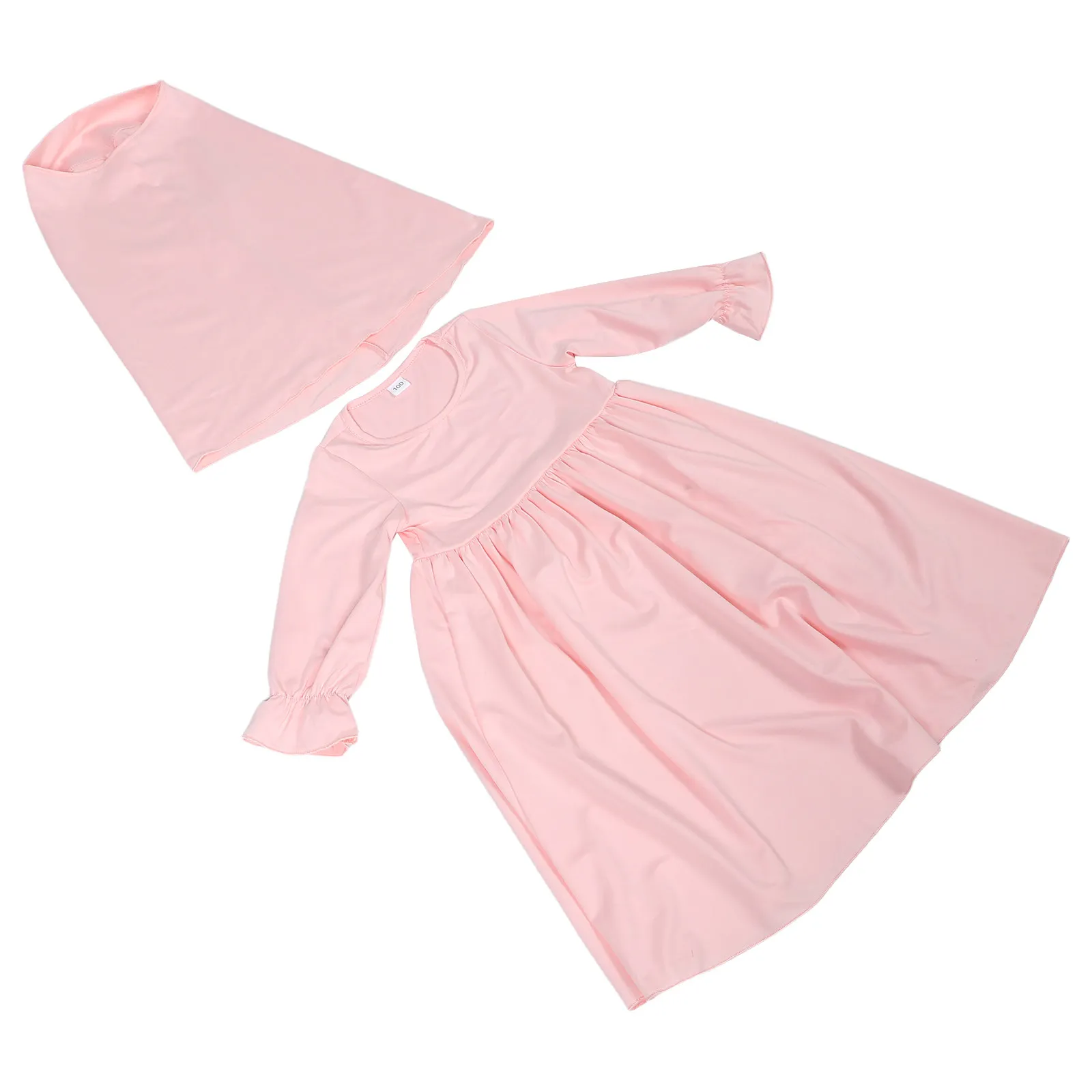 1Set Elegant Solid Color Baby Girl Muslim Dress Set Long Sleeve Gown with Matching Headscarf for Ramadan Prayer Cultural Events
