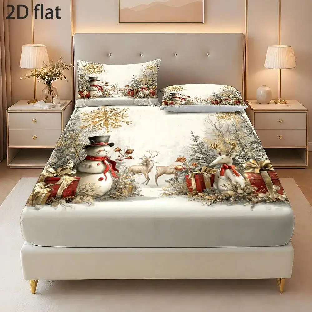 Christmas 2D Mattress Protector Digital Print Three-Piece Bedding Set (Includes 1 Fitted Sheet + 2 Pillowcases) Fitted Elastic Style Protective Cover 2D Flat Priting, Mattress Protector, Christmas Snowman and Reindeer Theme, Vintage Oil Painting Style, Merry Christmas, Christmas Holiday Decoration, Various Sizes, Breathable Protective Cover Plus Pillowcase