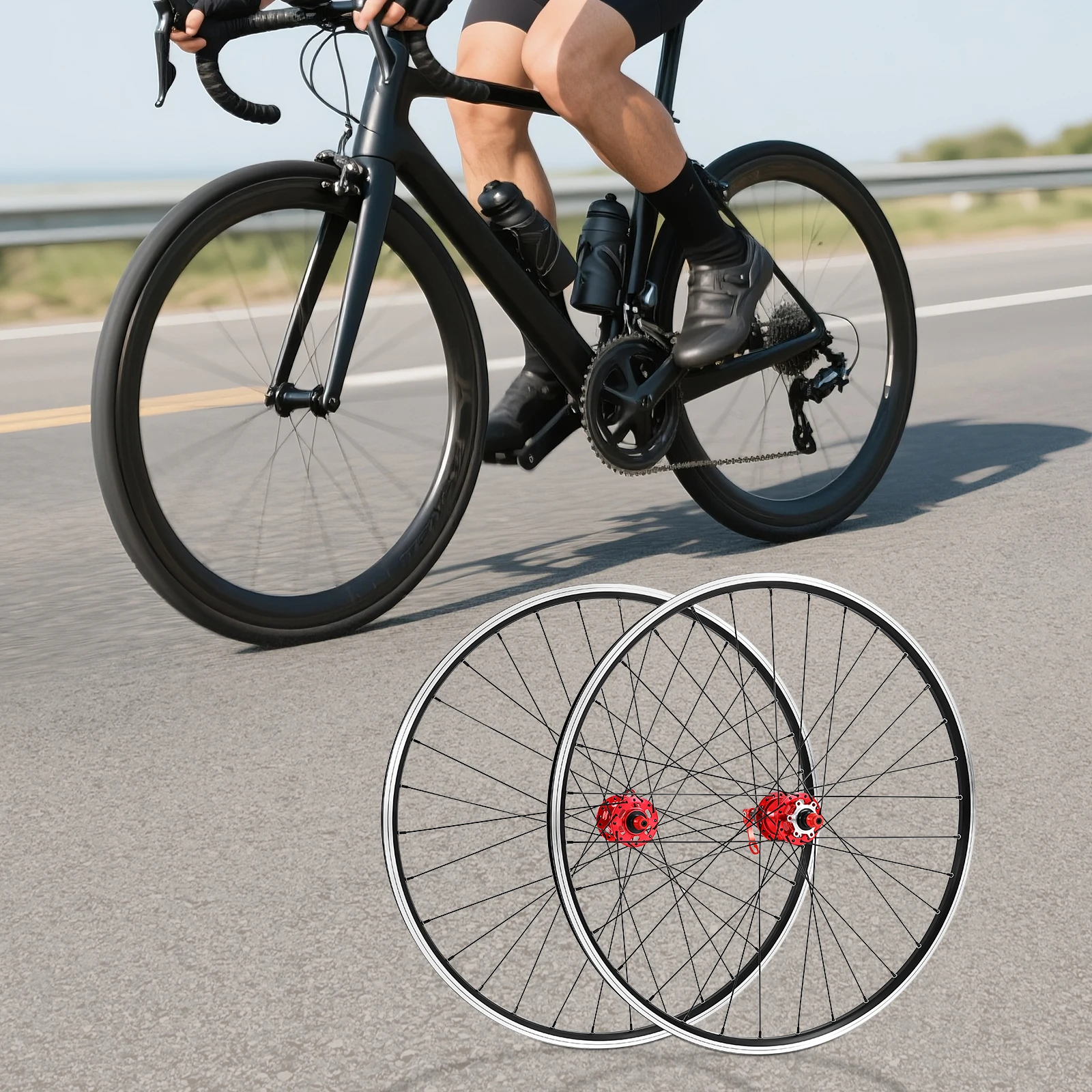 Image of 29-Zoll-Mountainbike-Laufradsatz, Vorder- und Hinterrad, rote Nabe, Aluminiumlegierung, Stahl, leicht, langlebig, korrosionsbeständig, Doppel-Sechsbolzen-Scheibenbremse, effiziente, reaktionsschnelle