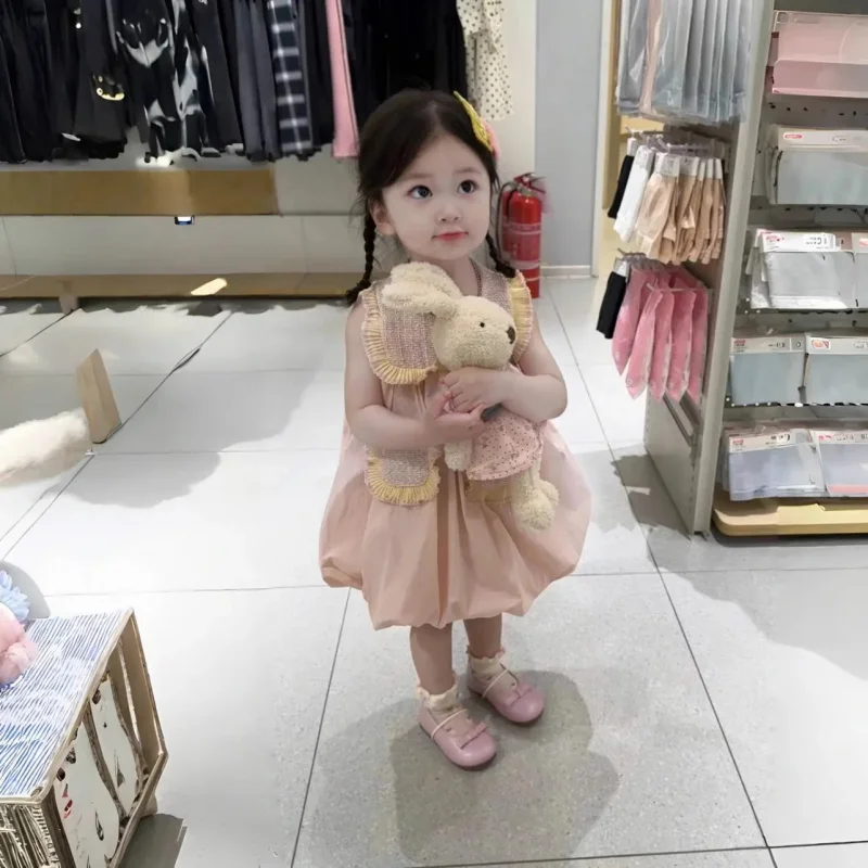 

XH-Children's Clothing Girls' Dress Spring and Summer New Children's Western Style Vest Skirt Baby Girls' Pink Bud Skirt