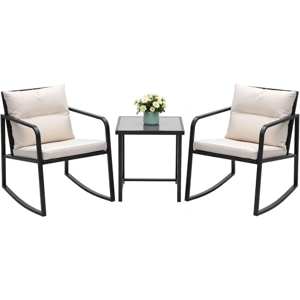 

3 Piece Rocking Bistro Set Wicker Patio Outdoor Furniture Porch Chairs Conversation Sets with Glass Coffee Table (Beige)