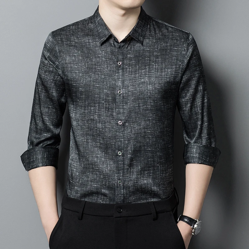 

Regular Fit Premium Shirts For Men Long Sleeve Print Breathable Summer Quality Coolness Soft Comfortable Satin Camisas De Hombre