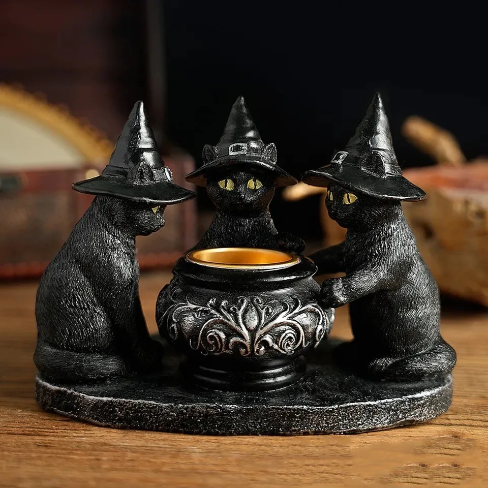 

Halloween Magic Cat Candle Holder Ghost Witch Statue Desktop Candlestick for Halloween Haunting Party Festival Home Decor Gift
