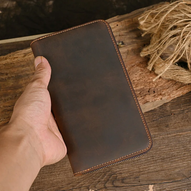 Genuine Cow Leather Clutch Wallets Multi Cards Tickets Organizer Cash Holder Vintage Brown Zipper Wallet Retro Pouch Bags Men