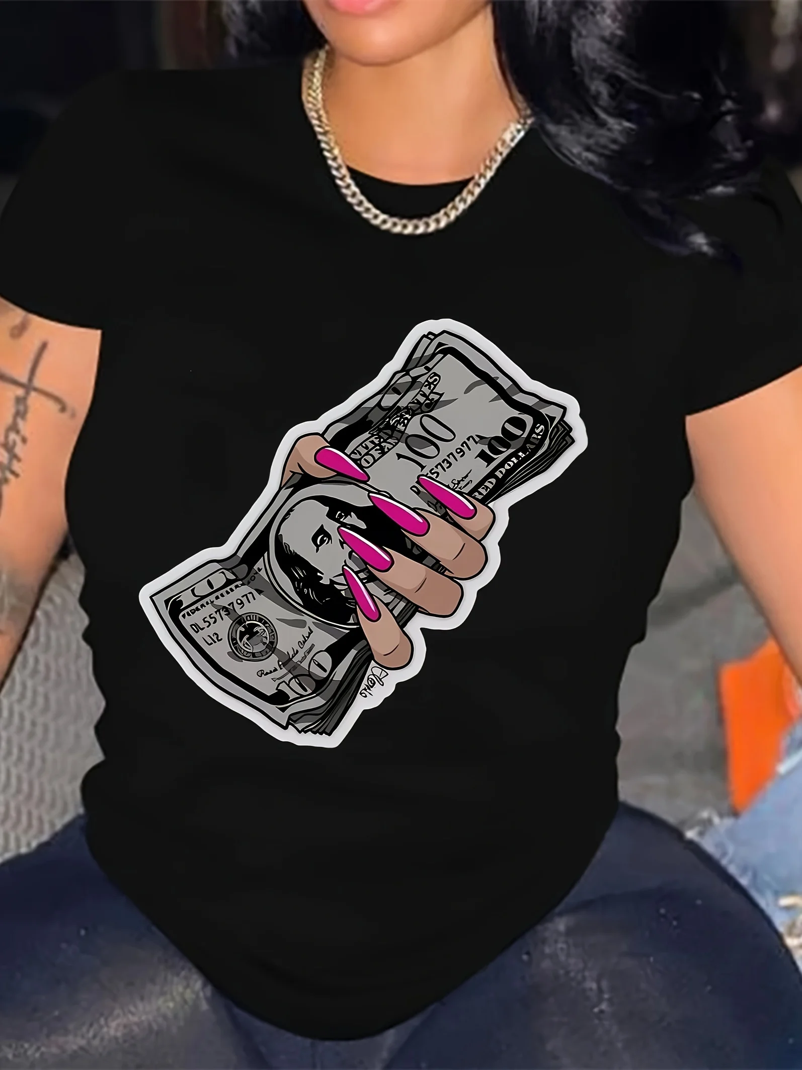 Finger Dollar Print Crew Neck T-shirt Casual Short Sleeve Summer Women's Clothing Harajuku Short Sleeve Casual Aesthetic Clothe