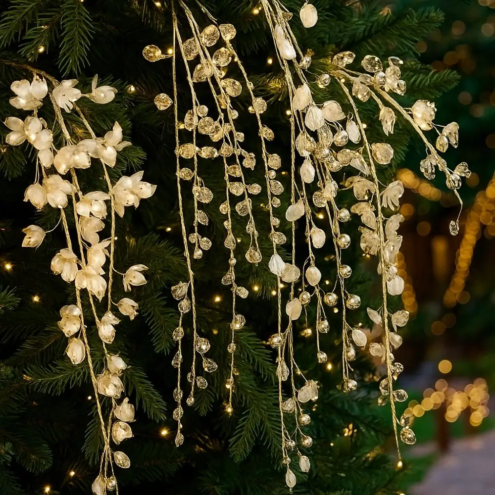 

35-40cm Christmas Crystal Pendants Realistic Glitter Imitation Pearl Chain Handmade Bead String Vine Xmas Tree Ornaments
