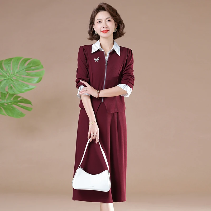 

Turn-down Collar Office Lady fake two pieces Dresses Spring Summer LongSleeve Pullovers Ladies Midi Dress Women's Clothing