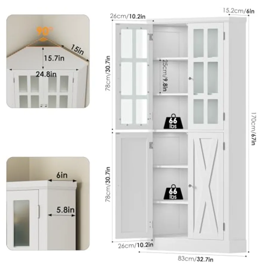 67 خزانة زاوية مخزن المطبخ مع أبواب خزانة المطبخ المزرعة مع 6 أرفف تخزين موفر للمساحة للحمام Li #2