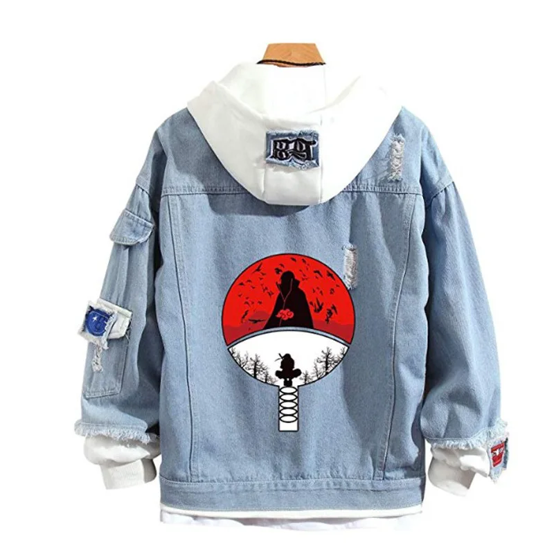 

New 2025 anime Naruto Pilot jacket Sasuke Naruto Jeans Sweatshirt unisex ripped role-play hoodie long-sleeved denim jacket Gift