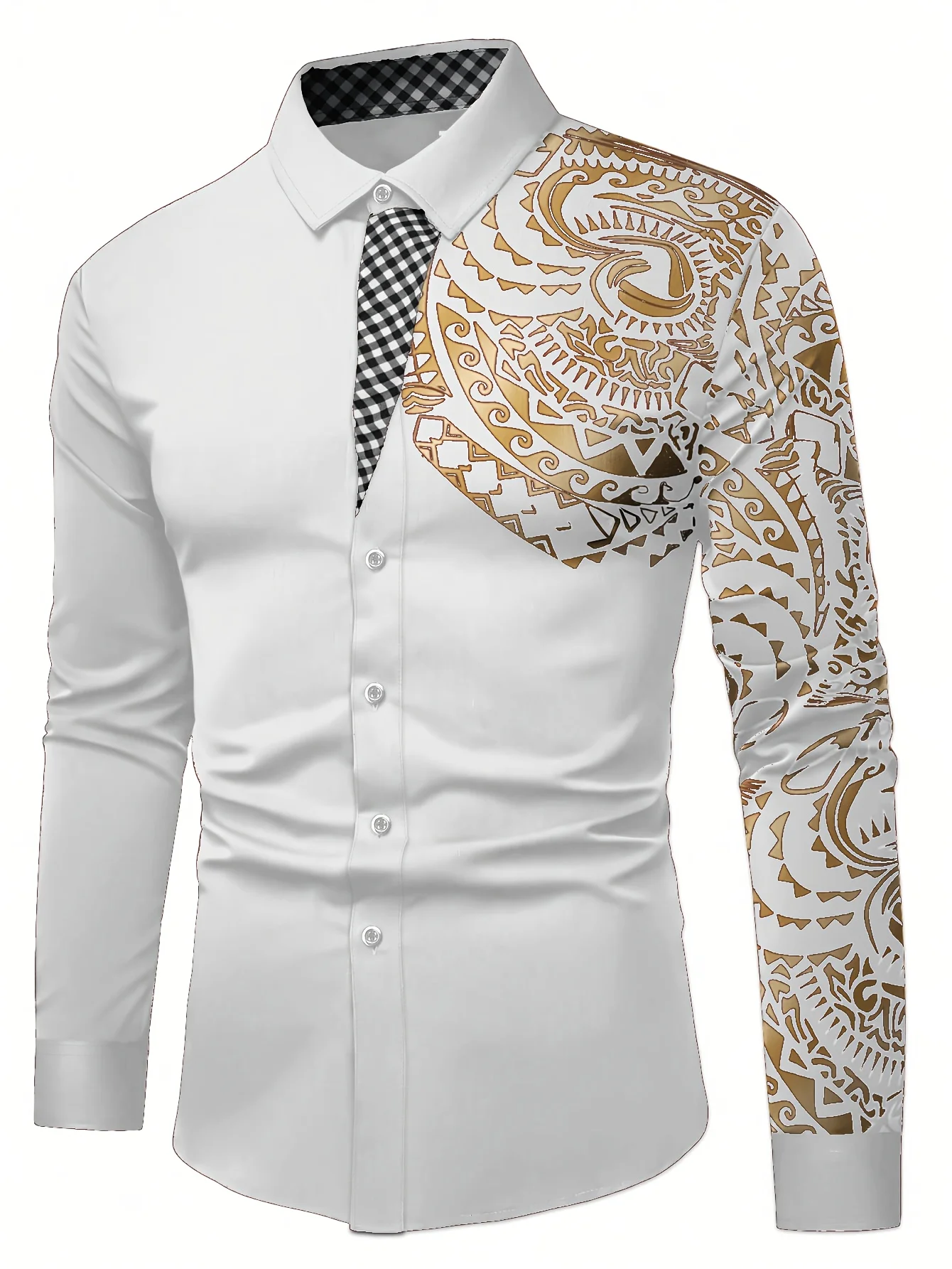Men Long Sleeve Button Down Shirt White Gold Tribal Paisley Partial Print Polyester Lapel Collar Business Party