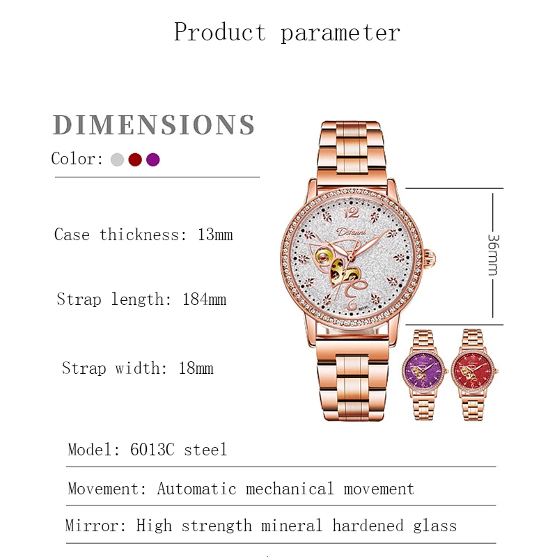 Women Automatic Watch Lady Diamond Mechanical Sport Wristwatch Elegant Female Waterproof Bracelet Stainless Steel Business Clock