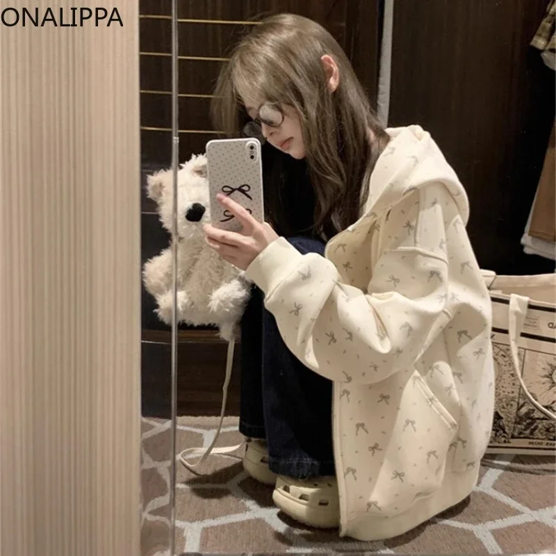 Onalippa Bows Printing Sweatshirt Hoodie Zip Up Hooded Contrast Oversized Cardigan Korean Preppy Style Sweet Hooides Women