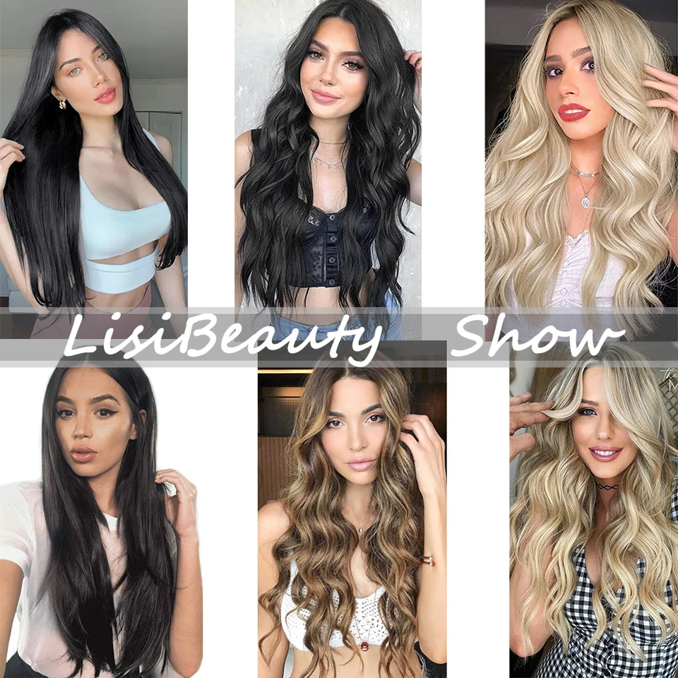7 Piezas/Lote 16 Clips Extensión de Cabello Negro Largo Liso Natural Ombre Postizo Resistente al Calor Fibra para Peinado de Mujer 6