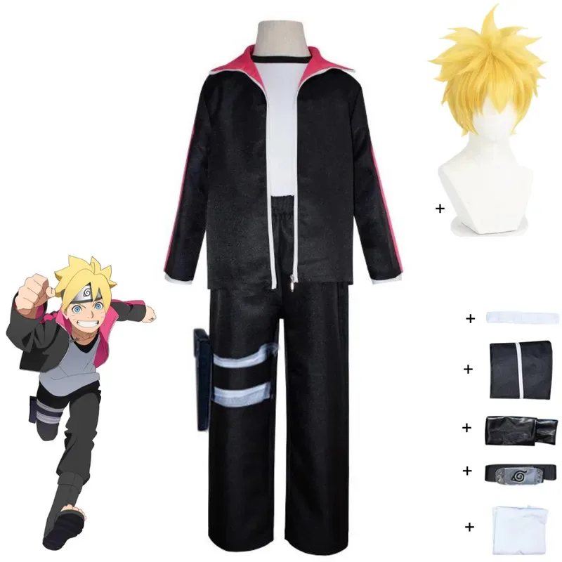 Disfraz de Anime Uzumaki Boruto, disfraz de Ninja negro de manga larga, abrigo, pantalones, peluca, traje de Carnaval de Halloween para adultos y niños