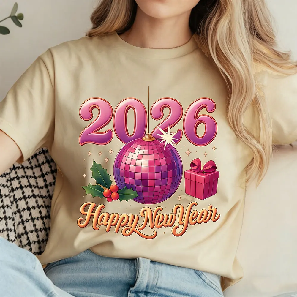 سنة سعيدة 2026 العصرية ليلة رأس السنة المرأة قميص السنة الجديدة الجرافيك تي شيرت الرجعية السنة الجديدة ديسكو الكرة الجرافيك Y2k بلايز القمصان #5