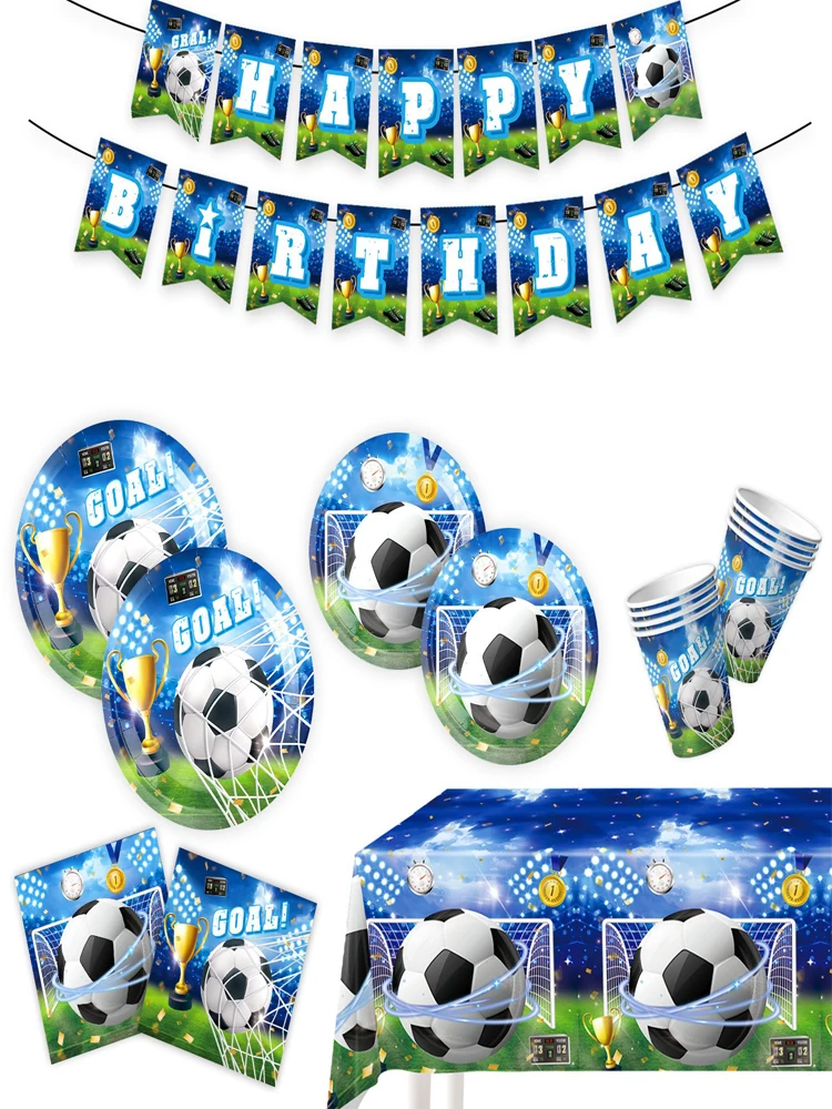 Vaisselle de fête jetable sur le thème du Football, assiette en papier, tasse en papier, soutien-gorge, drapeau, insertion de gâteau, fournitures de décoration