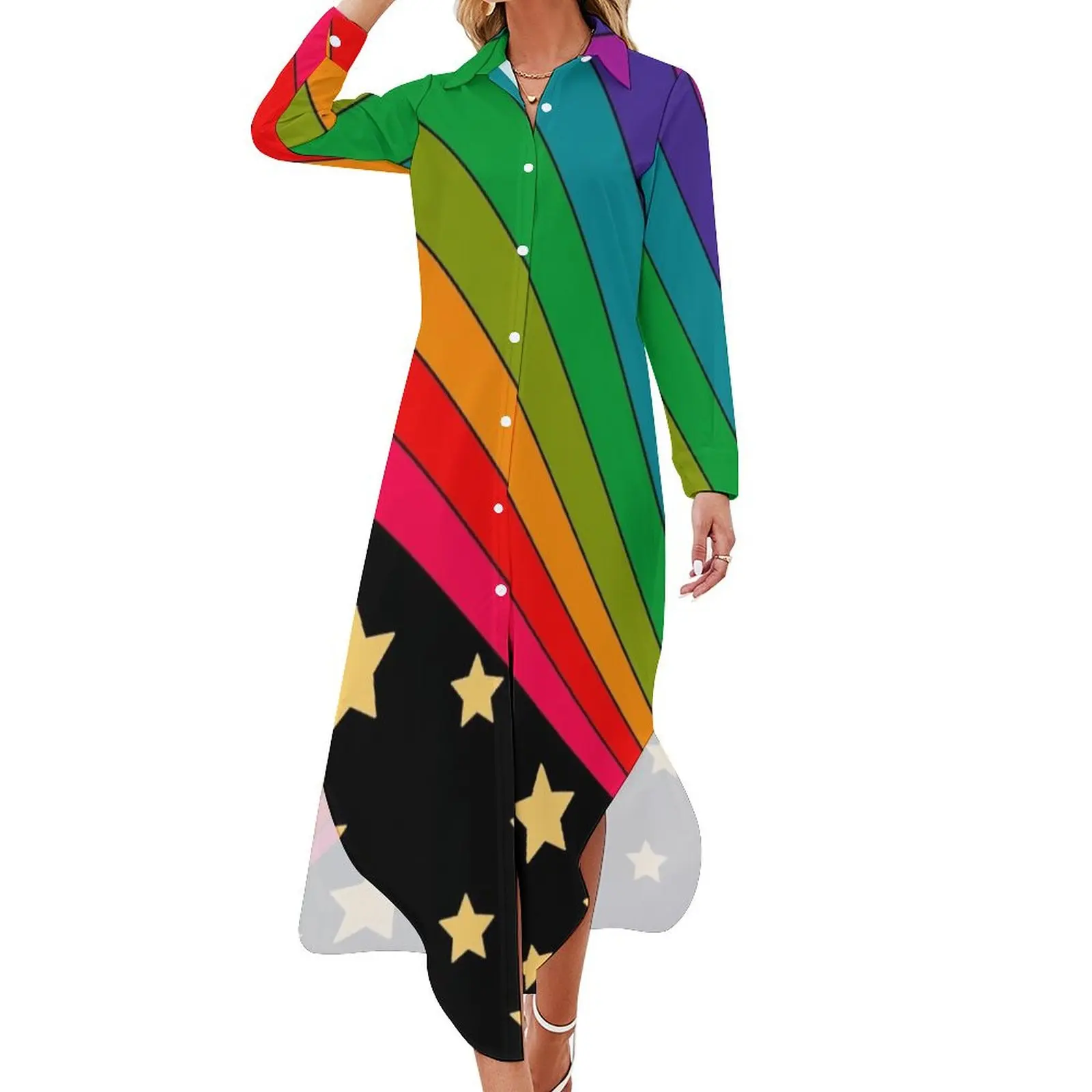 

Stars and rainbow Long Sleeved Shirt Dress long dresses for women dresses for woman Female dress long sleeve dresses
