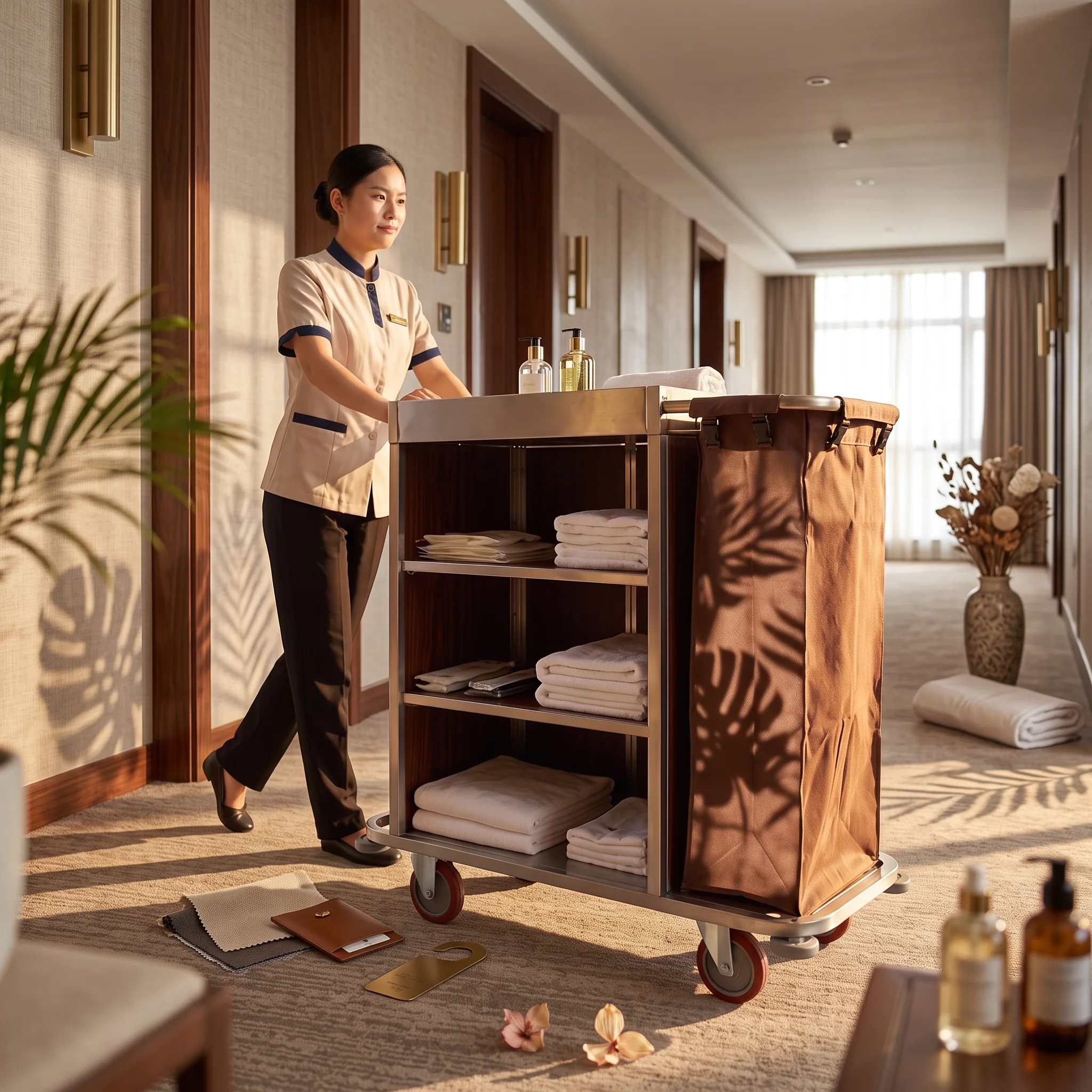 Housekeeping Service Cart with Bag Waterproof Housekeeping Cart Rolling Cleaning Trolley Long-Lasting Industrial