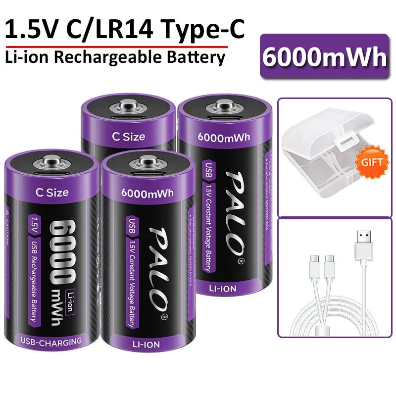 2-4 pezzi, batteria ricaricabile USB da 1,5 V, modello LR14, dimensione C, batteria agli ioni di litio ricaricabile tramite USB-C, ricarica rapida, per fornelli a gas, scaldabagni, torce elettriche,