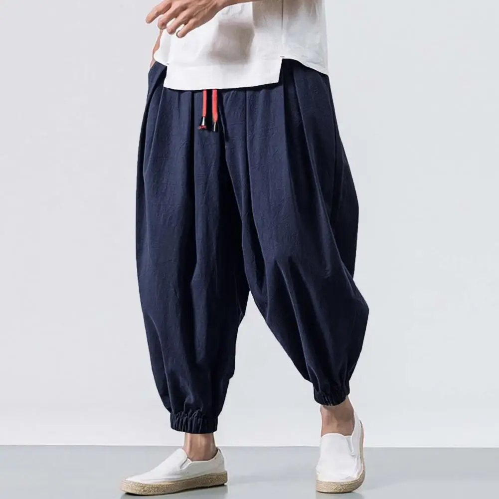 Men Bloomers Baggy Deep Crotch Loose Drawstring Men Harem Pants Elastic Waist Plus Size Pockets Ankle-banded Casual Pants