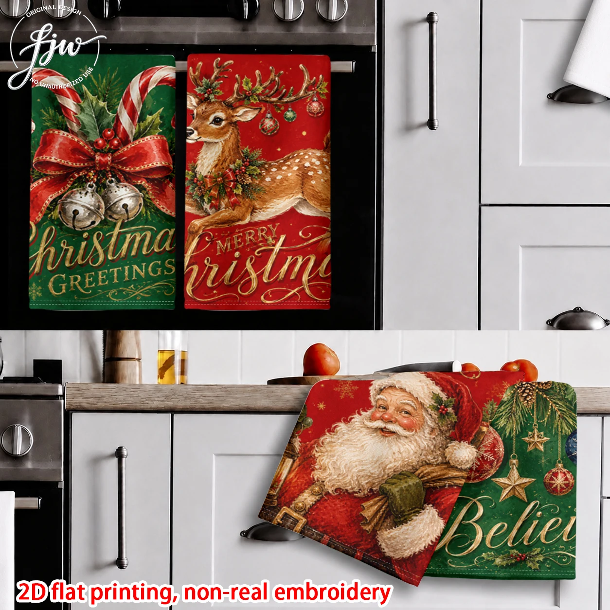 6pcs Vintage Christmas Kitchen Towels Retro Xmas Santa Snowman Reindeer Holiday Dish Towels for Winter Home Decor
