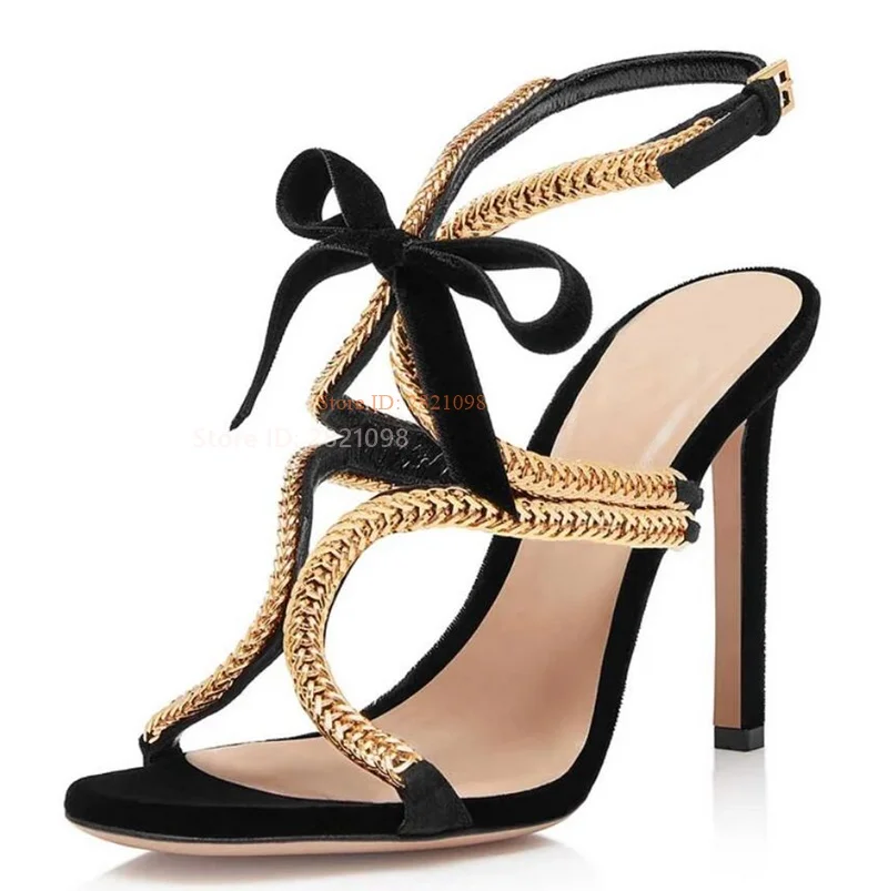 

Black and Gold Chain Embellished Open Toe Slingback Bowtie Knot Bow High Heel Sandals Thin High Heel Women's Shoes