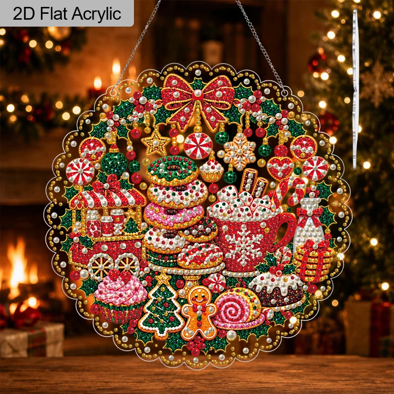 2D Flat Acrylic Christmas Diamond Art Hanging Ornament, Gingerbread & Sweet Treats Wreath Design, DIY Mixed-Size Bead Art