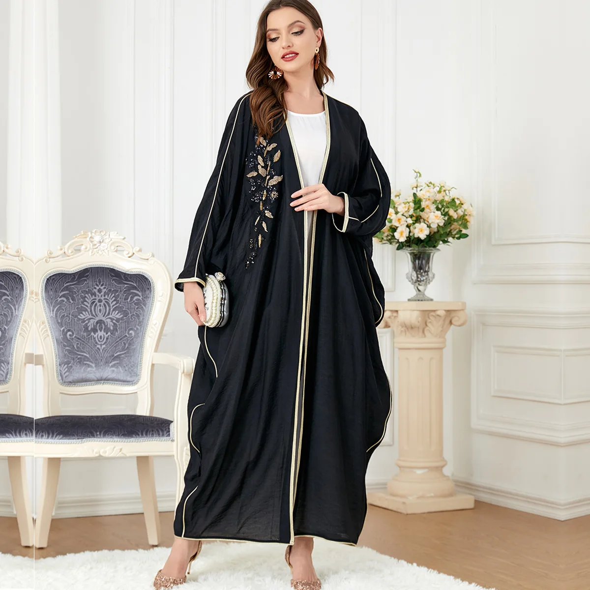 Imagem -02 - Femme Kimono Abaya Ramadan Bordado Preto Muçulmano Vestido para Mulher Islâmico Eid Jalabiya Marocain Vestido Turquia Marroquino Kaftan