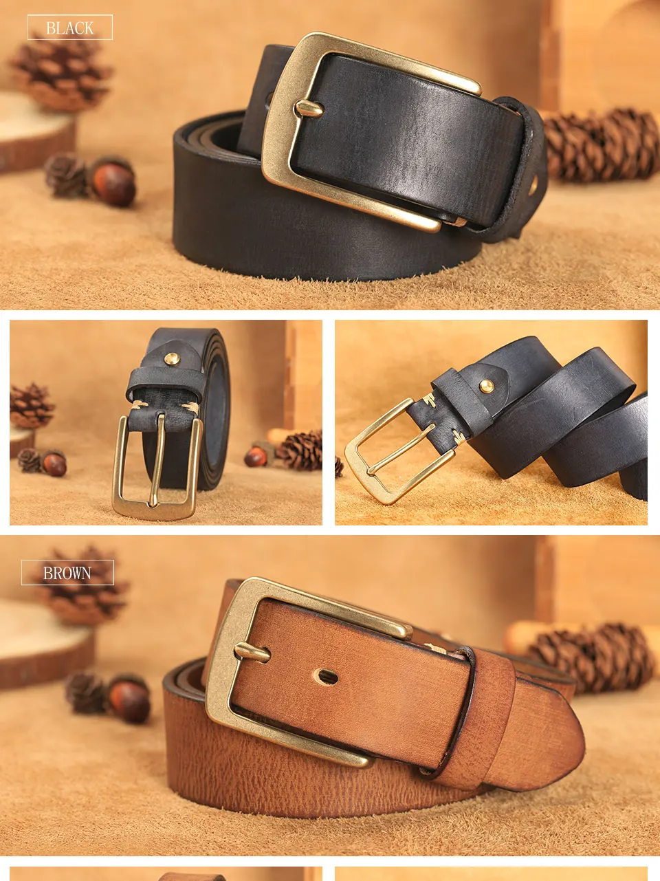 Echtledergürtel für Herren, handgefertigt, Vintage-Kupferschnalle, Herrengürtel, modisch, hochwertiges Rindsleder, Herrenriemen für Jeans – Detail 5