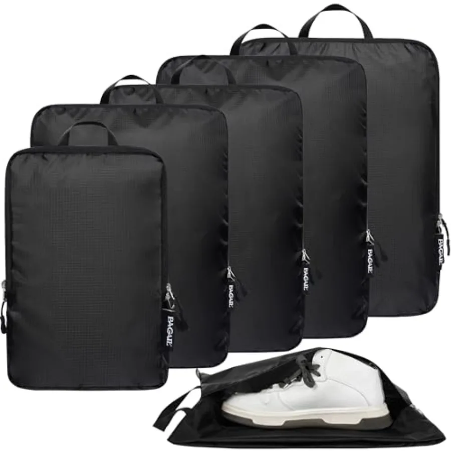 

6 Set Ultralight Compression Packing Cubes for Travel Luggage Organizer in Black with Fastening Straps for Suitcase Backpack St