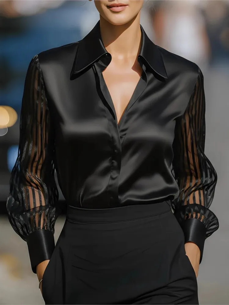 

Fashion Women's Patchwork Black Shirt Top Satin Hollow Stripe Long Sleeve Button Lapel Cardigan Office White Female Simple Top
