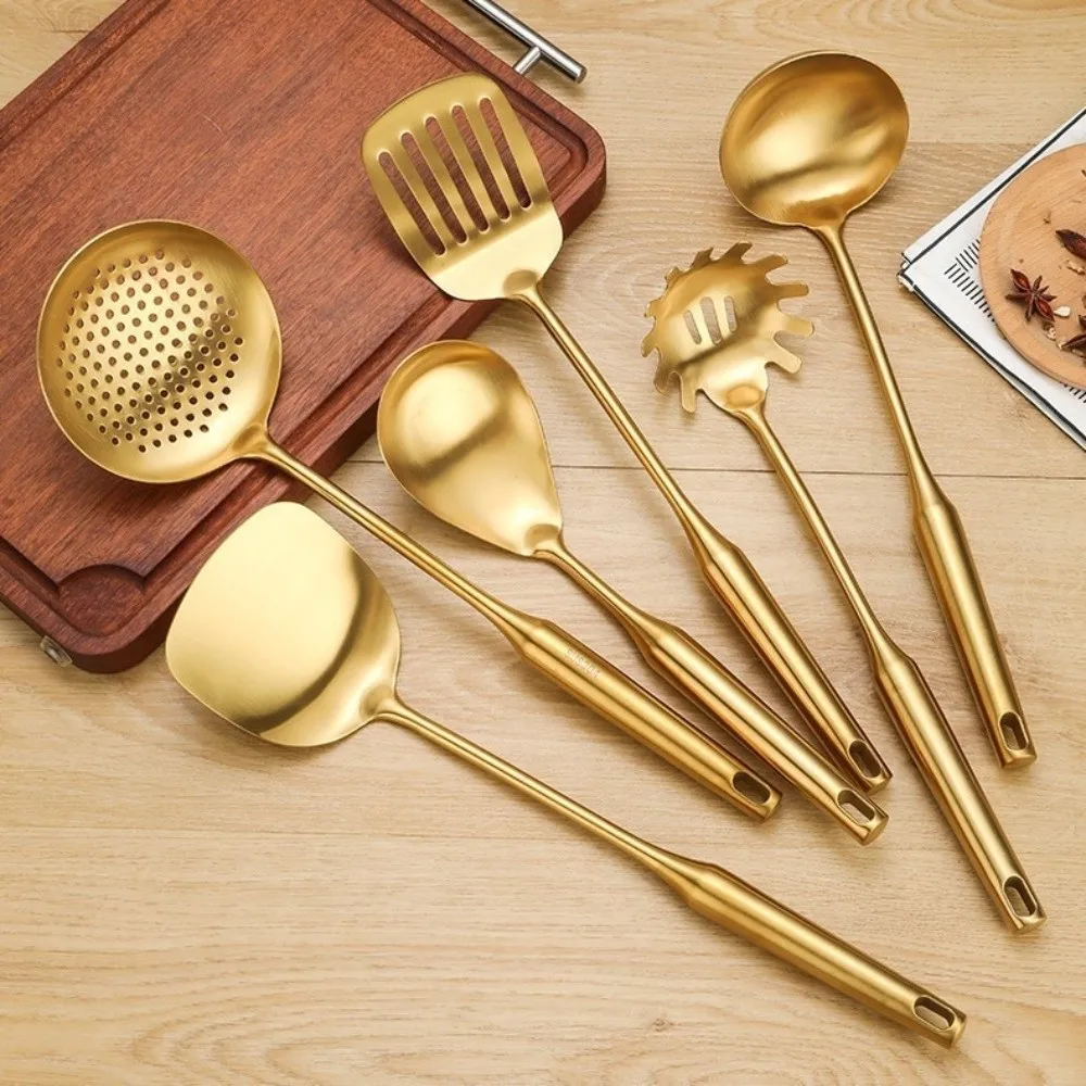 Stainless Steel Kitchen Utensil Set Heat Resistant Kitchen Gadgets Cooking Spatula Scraper Non Stick Gold Soup Spoon Ladle