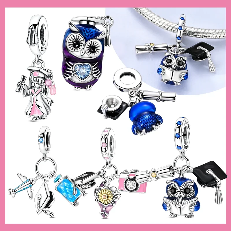 

Real Silver 925 Graduation Series Charms Owl Bachelor's Hat Book Pink Girls Bead Fit Original Bracelets DIY Fine Gifts for Women
