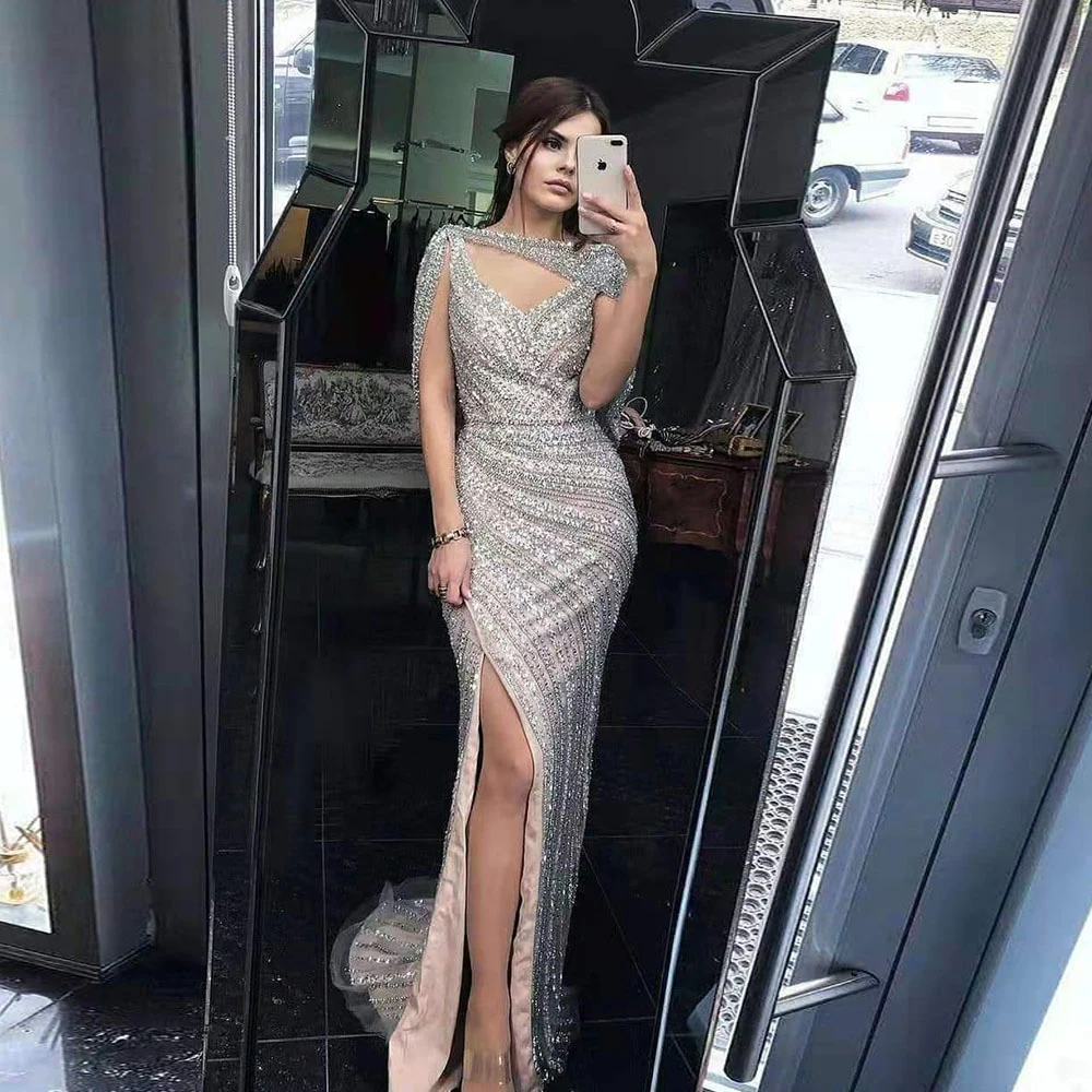 Luxury Silver Mermaid Dubai Evening Dress With Cape Heavy Beaded High Split Prom Gowns For Women Wedding Party Formal Occasion