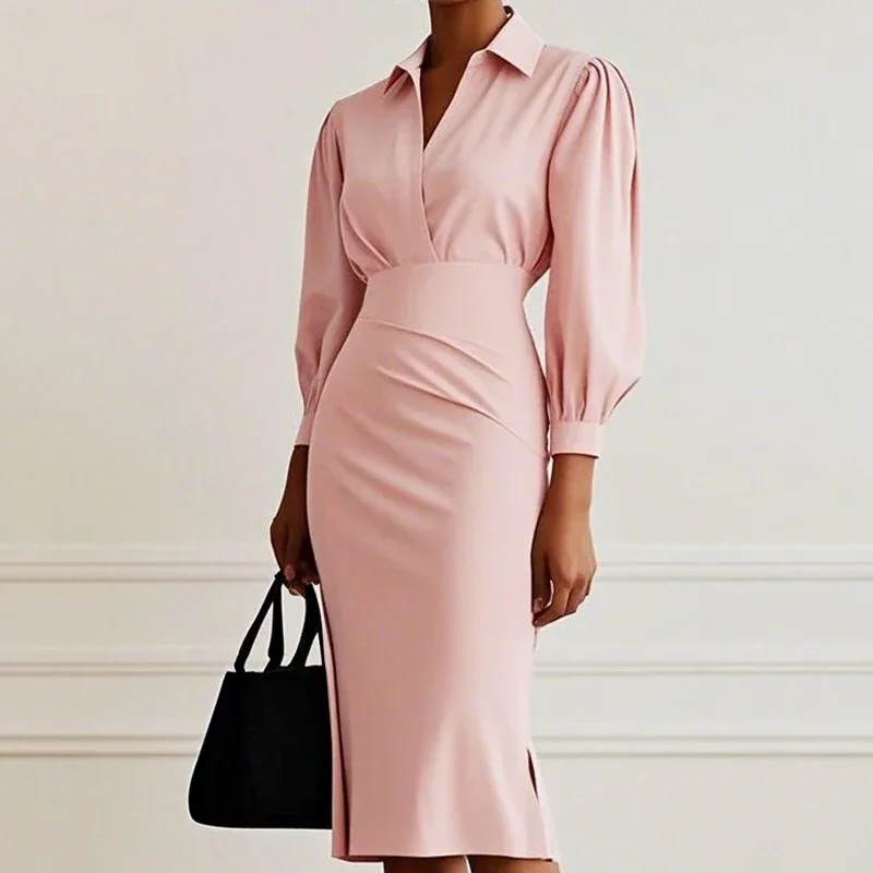 سليم صالح المرأة فساتين مثيرة الخريف مزاجه الجديد كم طويل قميص فستان للنساء Bodycon بلون مكتب سيدة فستان #5