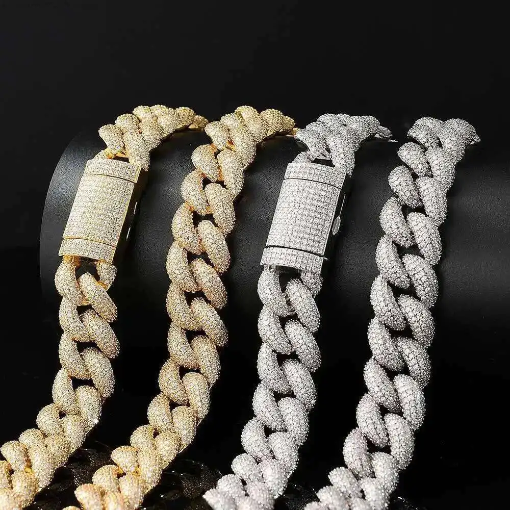 

Hip Hop Jewelry Custom Necklace Iced Out 18mm 925 Silver Vvs Moissanite Tennis Cuban Chain for Mens