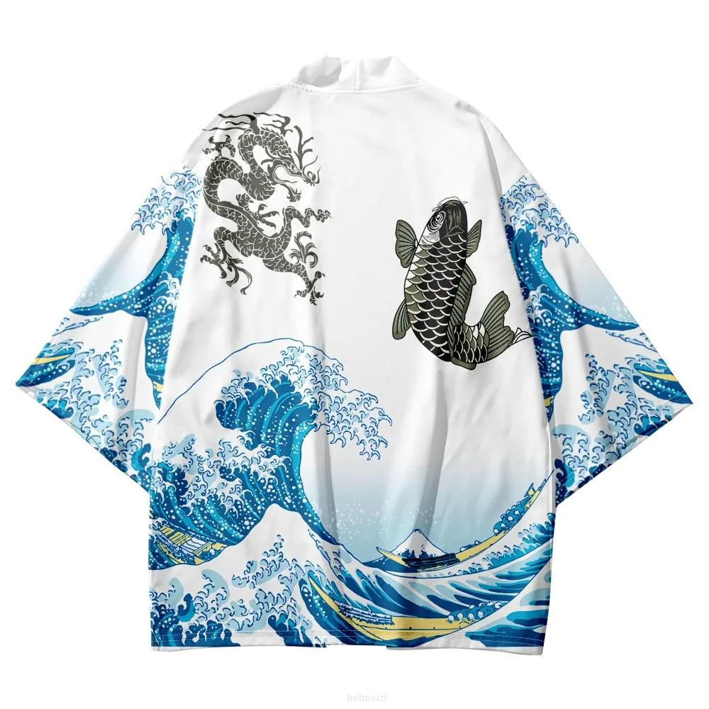 Large Size 5XL Japanese Samurai Cardigan Kanagawa Wave Print Haori Women Men Harajuku Kimono Cosplay Tops Blouse Yukata Clothing