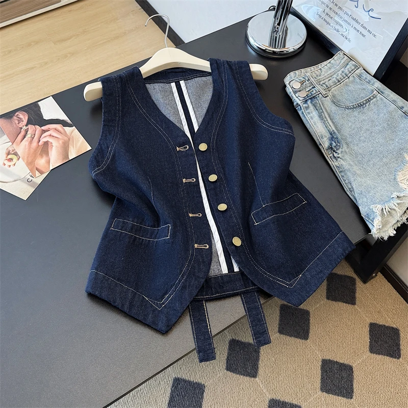 

Summer Women Dark Blue Slim Thin Short Denim Vest V-Neck Single-Breasted Sleeveless 2025 New Cowboy Waistcoat Female Streetwear