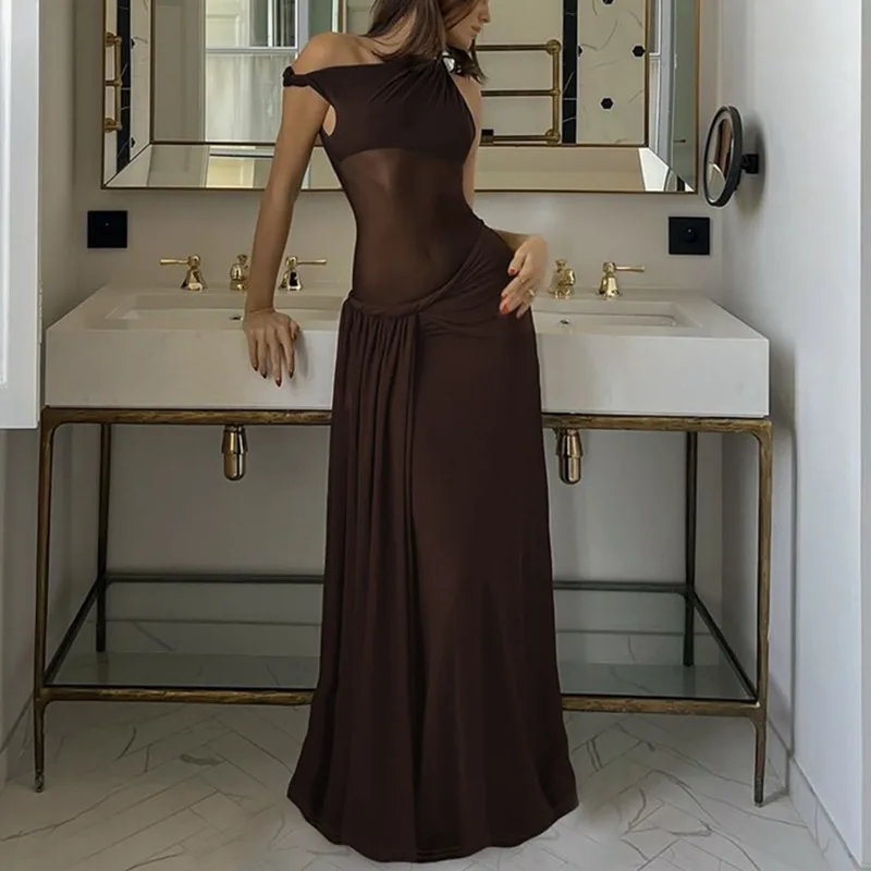 Talenza Fashion Bandage Long Dress Summer Sexy Mesh Strapless Pleated Dress Elegant Sleeveless See Through Women Evening Dresses