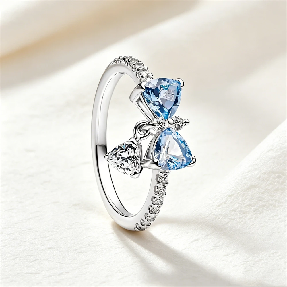 Women's 925 Silver Pink Blue Butterfly Love Ring