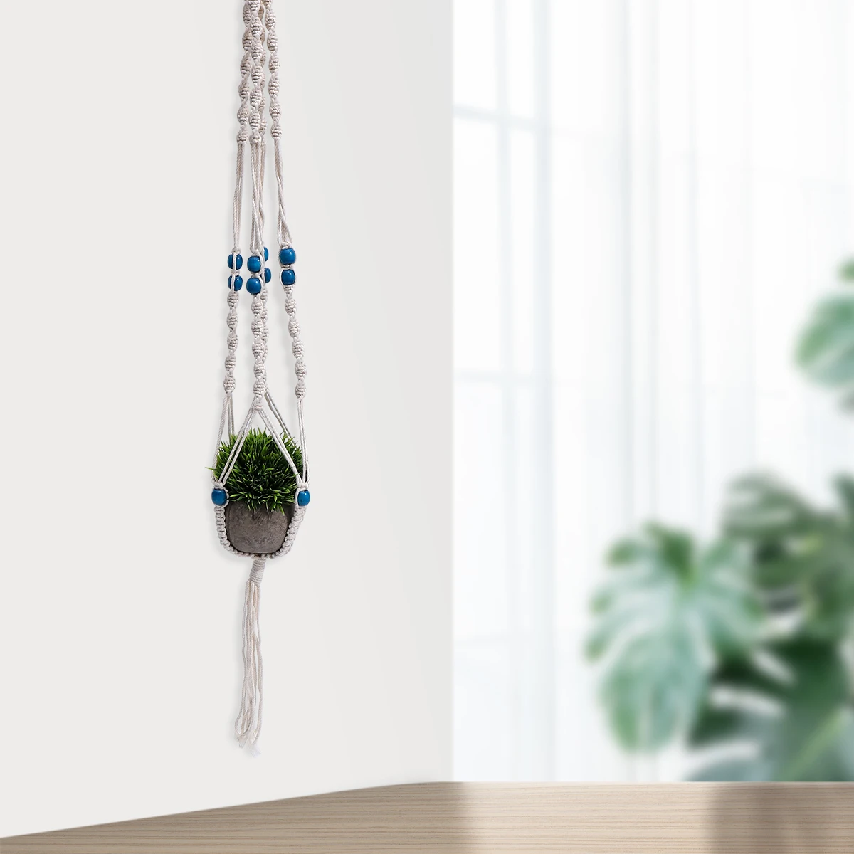 

Woven Hanging Basket Macrame Plant Hanger Cotton Rope Flower Pot Decor Home Storage Net Blue Beads Durable