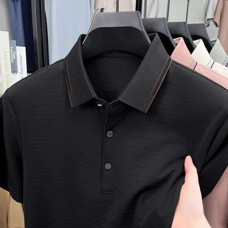 Men Short Sleeve T-Shirt Subtle Striped Texture Classic Collar Design with Button Details - Soft and Breathable Fabric POLO