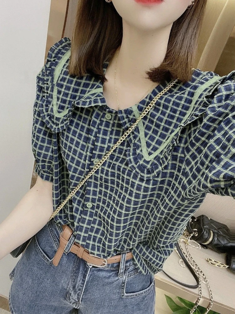 

Women's Peter Pan Collar Puff Sleeve Plaid Shirt Summer 2026 Trendy Versatile Top with Unique Design​