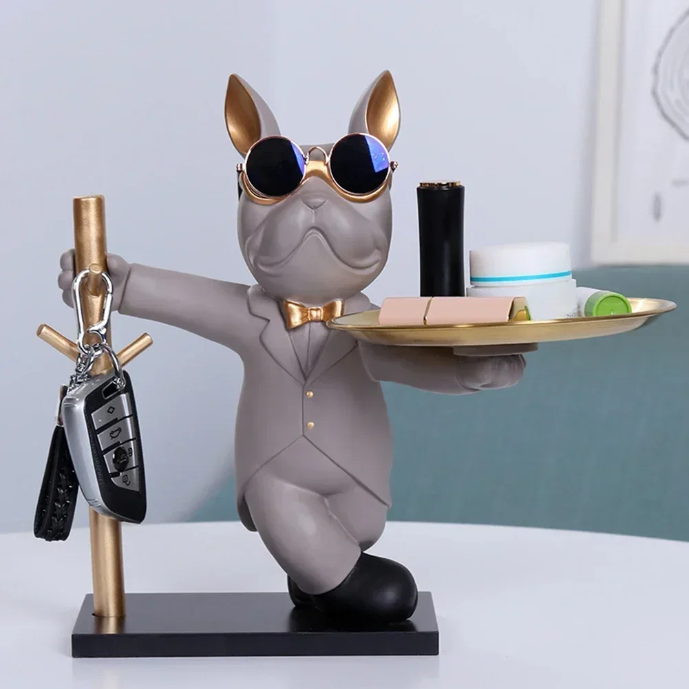 Home furnitureFrench Bulldog Sculpture Dog Statue Decorative Figurine Storage Metal Tray Coin Piggy Bank Entrance Key Snack Hold - Image 2