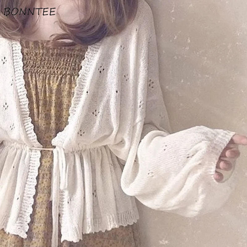 

Cardigan Women White Knitting Elegant Japanese Style Lantern Sleeve Lace Up Sun-proof Loose All-match Female Outerwear Leisure